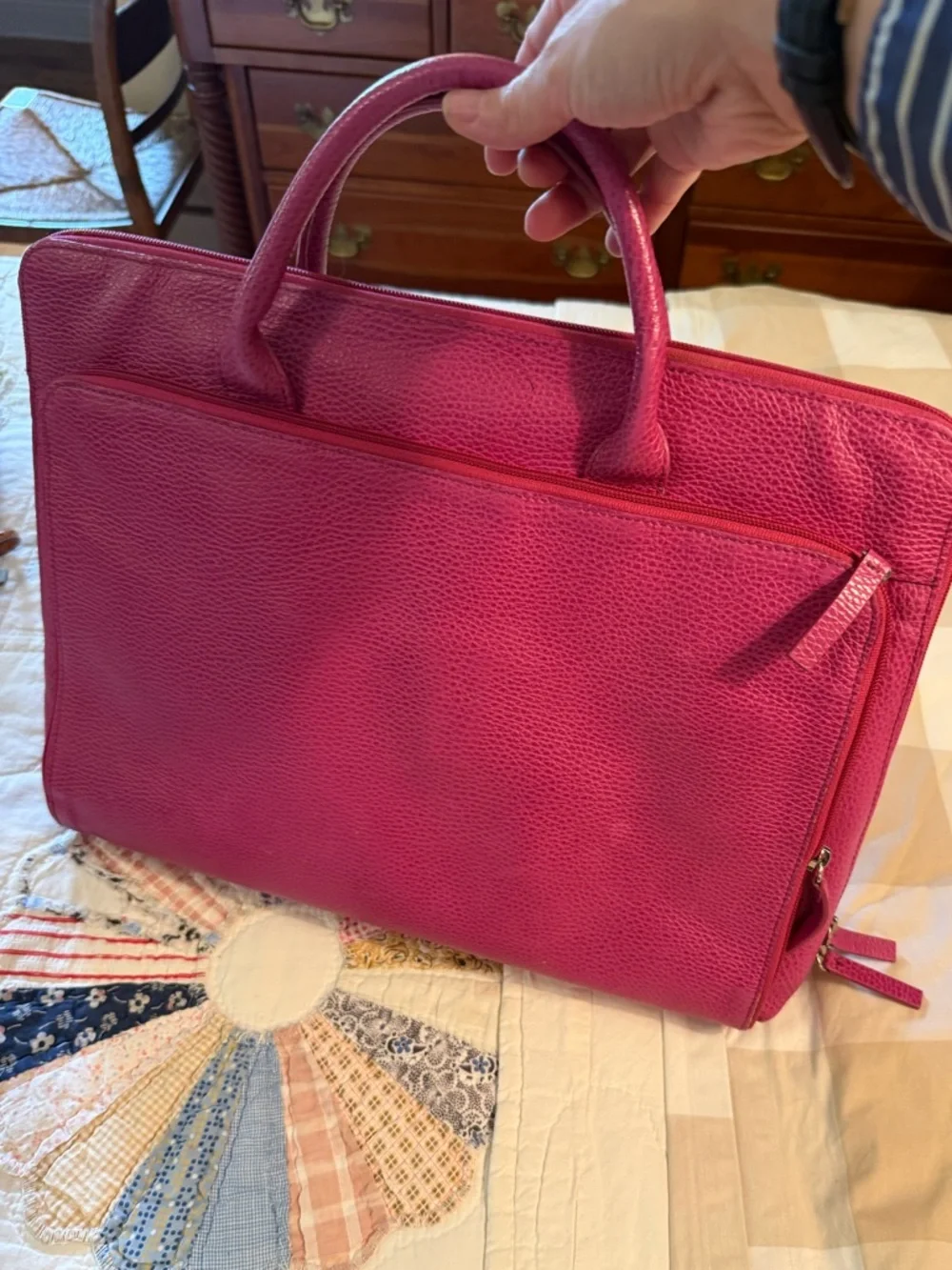 Women's Structured Pebbled Leather Tote - Fuchsia